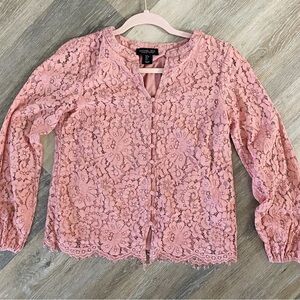 Rachel Zoe Floral Pink Lace Button Down Lined Long Sleeve Blouse Shirt